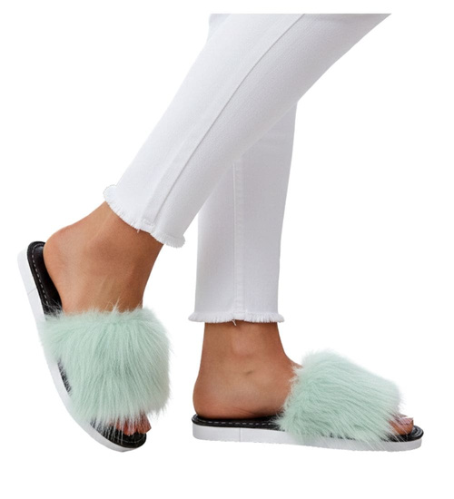 Jasno miętowe klapki z efektownym futerkiem //G12-1 14683 T232/