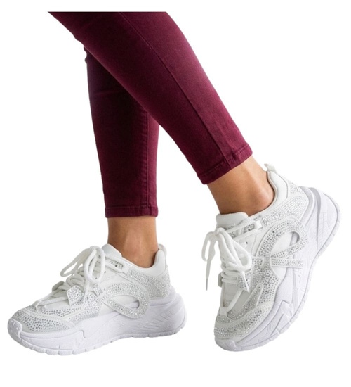 Białe buty sportowe na platformie z cyrkoniami /G11-1 17424 T891/