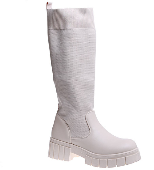 Beżowe kozaki damskie na platformie /A1-1 18088 T390/