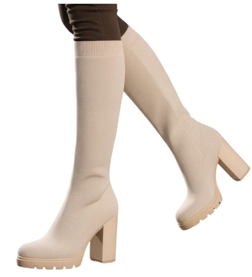 Elastyczne beżowe kozaki na obcasie /E7-2 18617 T2/