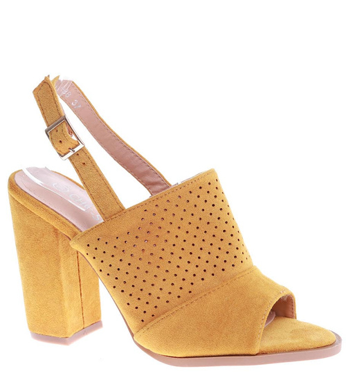 Ażurowe żółte sandały na słupku /E8-3 16126 T242/