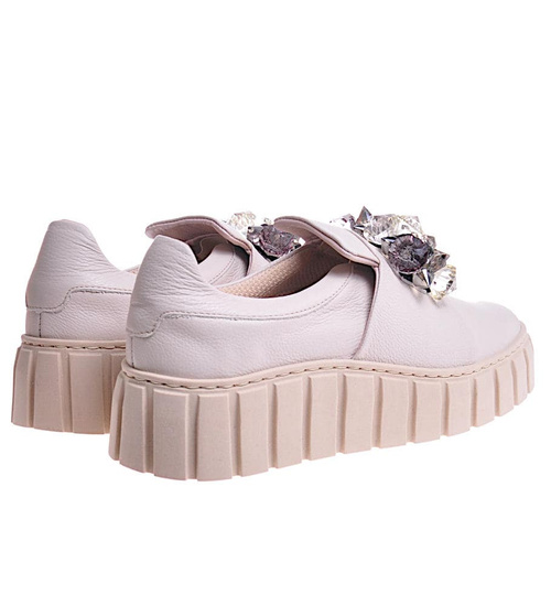 Beżowe skórzane damskie trampki creepersy /F8-2 11728 N0200/