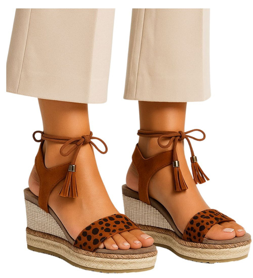 Sandały na koturnie i platformie Camel /C2-2 14048 S290/