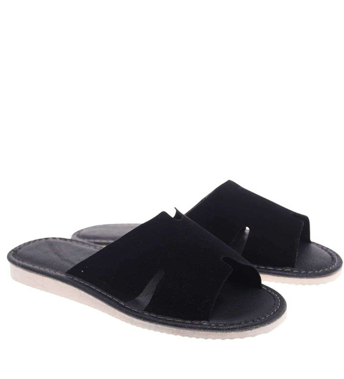 Skórzane domowe klapki kapcie czarne /A3-1 18695 S194/