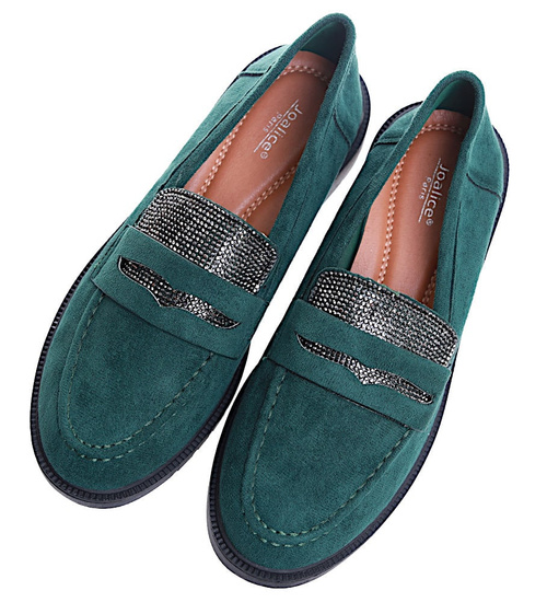 Zielone zamszowe półbuty loafersy na niskim obcasie /D9-2 15484 T386/