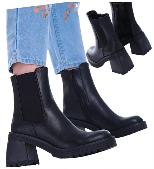 Czarne botki damskie na grubym słupku /G12-1 17050 G324/