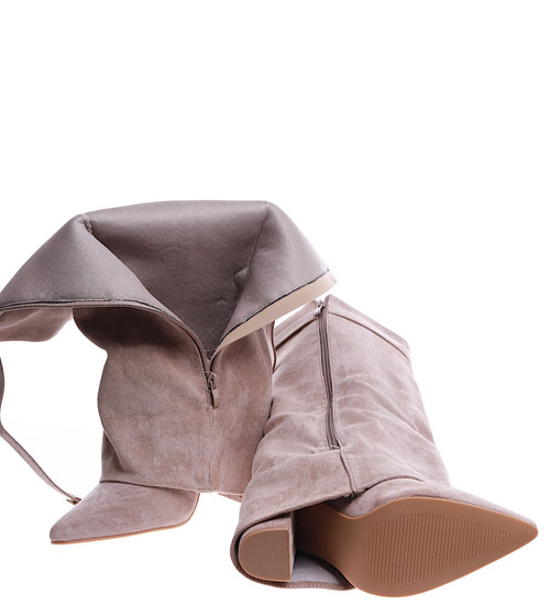 Beżowe kozaki damskie na obcasie /G7-1 14627 T108/