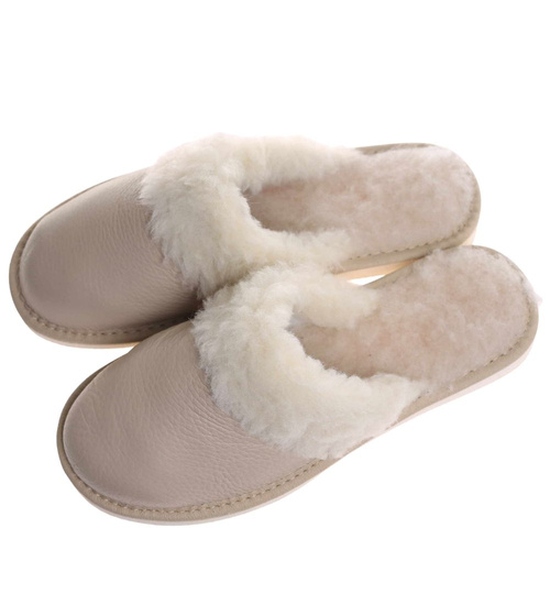 Skórzane beżowe kapcie damskie z wełną /D3-1 18465 S196/