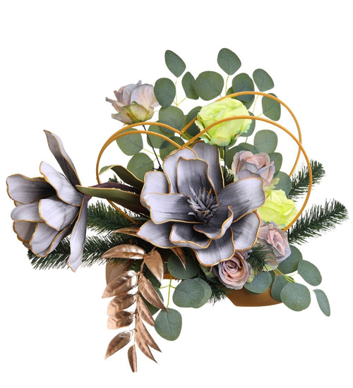 Duży stroik Szaro złote kwiaty KOMP147 M700