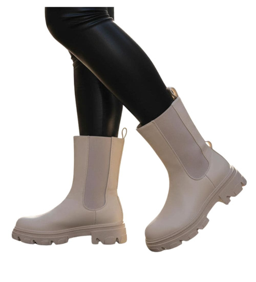 Beżowe botki sztyblety z łańcuchem /A3-3 12254 S798/