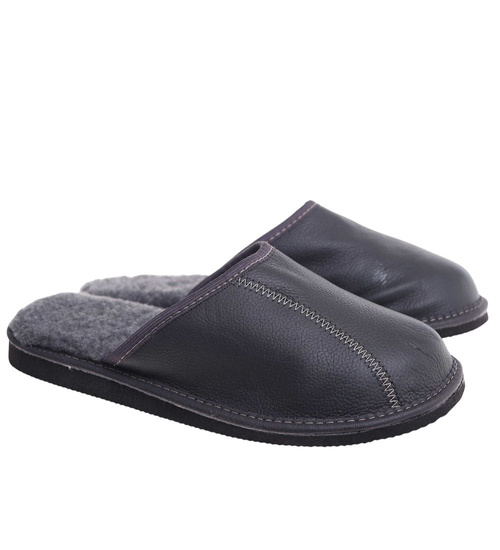 Skórzane kapcie męskie z wełną Szare /D8-1 18467 S197/