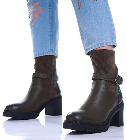 Oliwkowe botki damskie na słupku z ociepleniem /F6-1 17044 G324/