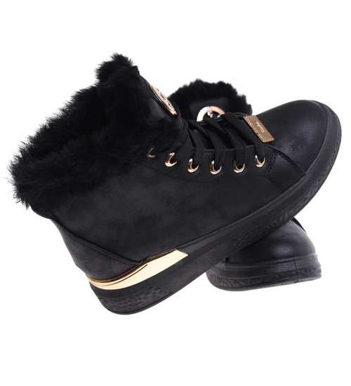 Czarne zimowe trampki z kożuszkiem /E9-1 18429 T411/