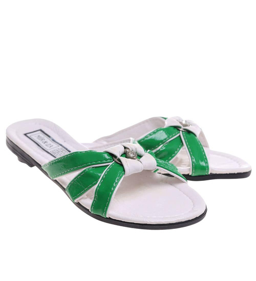 Zielono białe klapki na płaskim obcasie /H2 14349 T005/