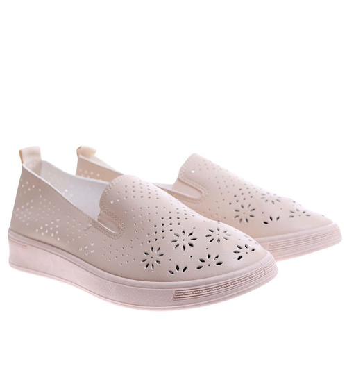 Beżowe ażurowe półbuty damskie /E9-3 17264 W187/