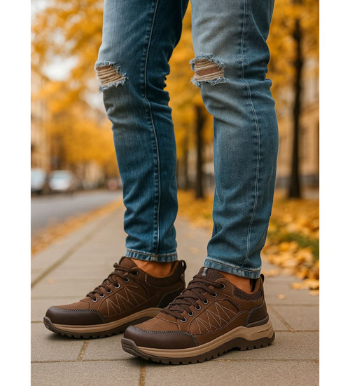 Sznurowane męskie buty trekkingowe Brązowe /A2-3 18204 T485/