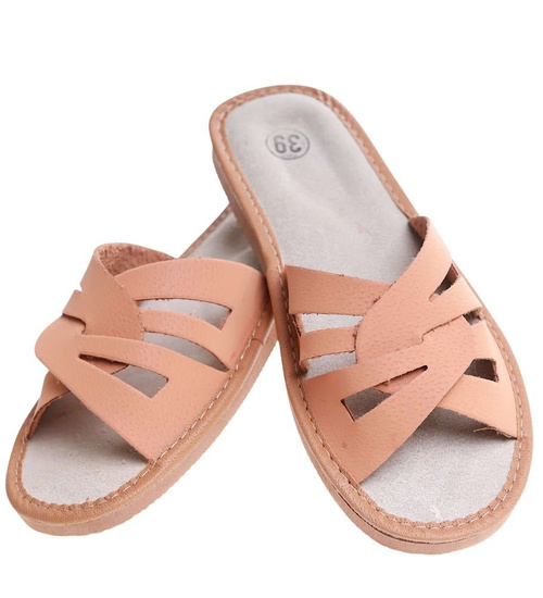 Beżowe klapki damskie z naturalnej skóry /E6-1 8453 S193/