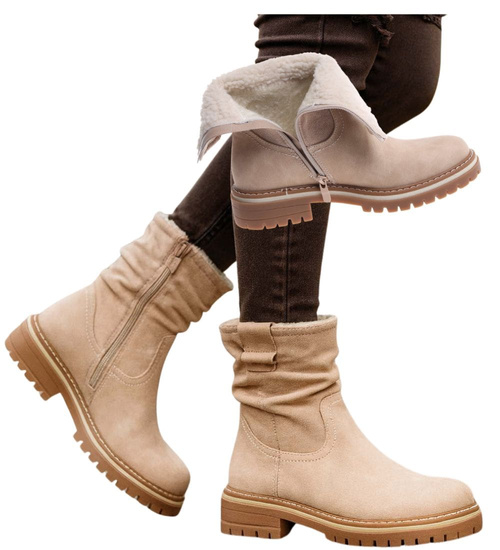 Zimowe botki saszki z ociepleniem Beżowe /B6-1 18546 G388/