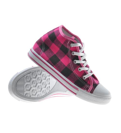 Wysokie damskie trampki z tkaniny w kratkę FUKSJA /F 9-2 7629 S097/