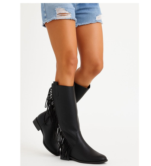 Czarne kozaki z frędzlami na niskim koturnie wsuwane /H2 14903 G285/