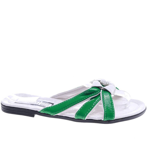 Klapki damskie na płaskim obcasie biało zielone /H2 14343 T005/