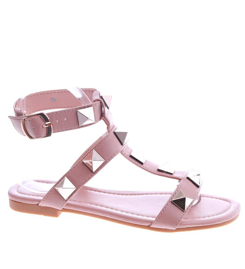 Różowe płaskie sandały damskie z piramidkami /A10-3 13551 T191/