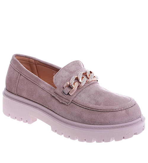Półbuty loafersy na niskiej platfomie Khaki /E4-3 14874 T485/