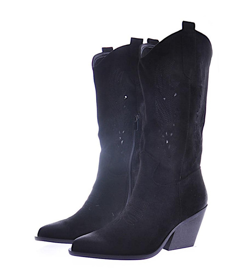 Czarne kozaki damskie na słupku zamszowe /G5-3 12507 T104/