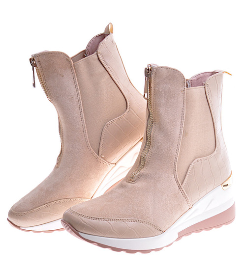 Beżowe botki na koturnie ze skóry ekologicznej /G3-3 12293 T595/