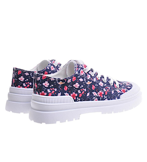 Wiązane trampki w kwiaty Navy /A7-3 11049 T498/