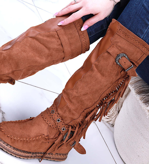 Karmelowe kozaki boho na ukrytym koturnie /G5-3 14845 T331/