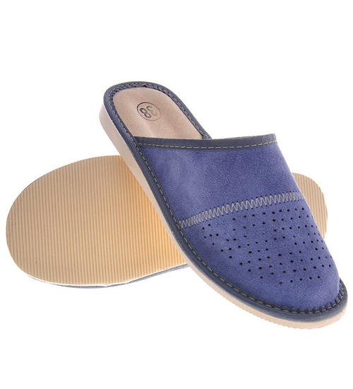 Skórzane kapcie damskie z Podhala Granatowe /A3-1 8452 S197/