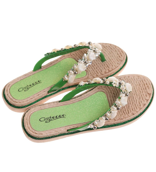 Zielone plażowe damskie klapki japonki z muszelkami /F6-2 17876 T088/