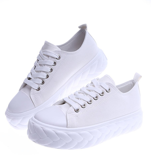 Białe materiałowe damskie trampki na platformie /G12-2 13880 S3/