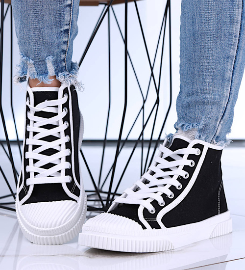 Czarne wysokie sznurowane trampki damskie /E6-1 15688 T134/