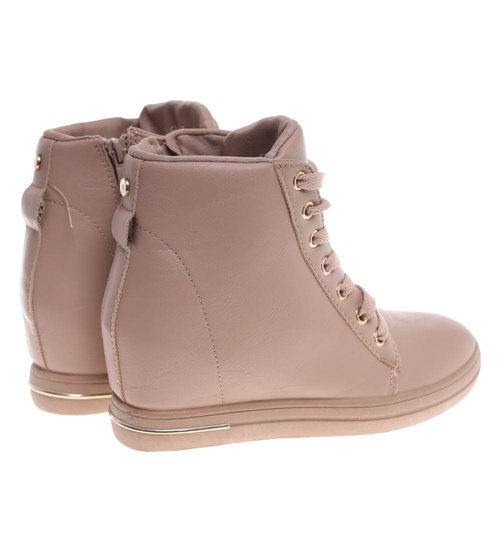 Beżowe sneakersy damskie na koturnie /F7-2 12802 T891/