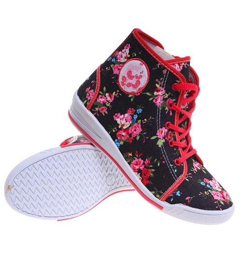Wysokie dziewczęce trampki w kwiatki czarno-czerwone /A2-3 7544 S089/