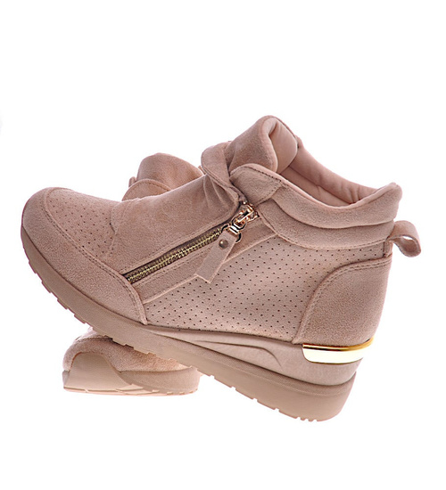 Beżowe sneakersy damskie na koturnie /E3-3 12827 T890/