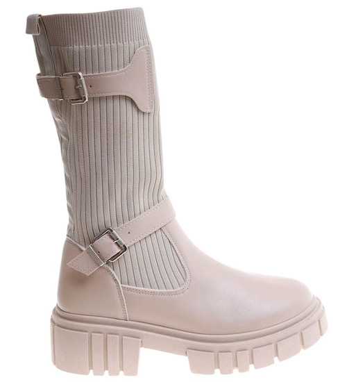 Niskie beżowe kozaki damskie na platformie z elastyczną cholewką /E1-1 16819 G388 +H2/