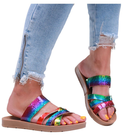 Tęczowe klapki damskie na płaskim obcasie /C4-1 16488 T130/