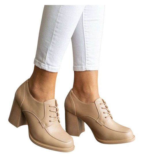 Sznurowane beżowe czółenka na słupku /C7-3 18667 T359/