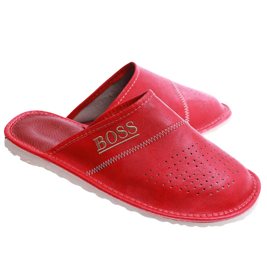 Kryte skórzane męskie klapki domowe BOSS Czerwone /G7-1 17322 S199/