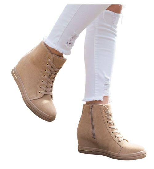 Beżowe sneakersy damskie na koturnie /E8-2 12767 T891/