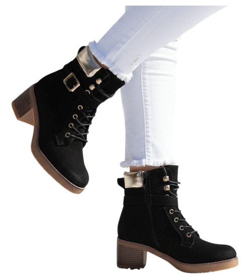 Czarne wiązane botki damskie zimowe /J5-2 18548 W2/