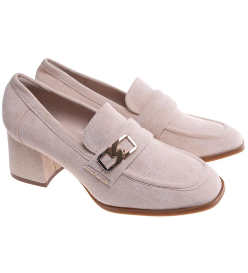 Beżowe czółenka na grubym obcasie /E4-3 18234 W202/