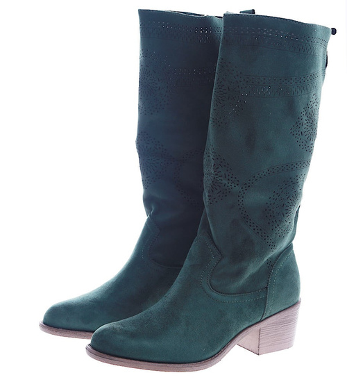 Ażurowe zielone wiosenne kozaki na klocku /G2-2 13528A W493/