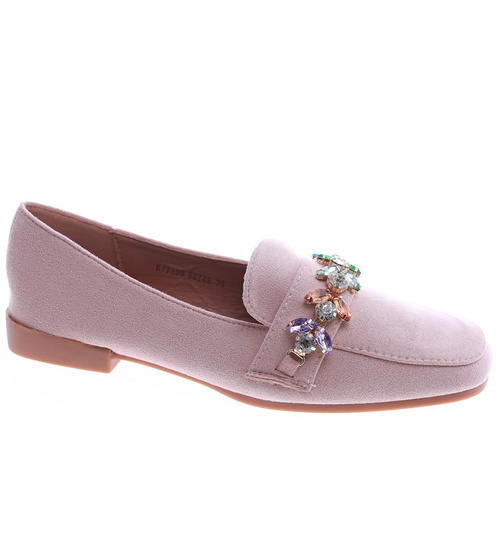 Beżowe balerinki lordsy z kamieniami /G3-2 13523A T463/