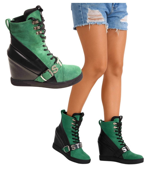 Sznurowane zielono czarne trampki sneakersy koturnie /F8-3 18060 T284/