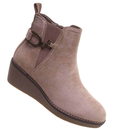 Zamszowe botki damskie na koturnie Beżowe /G2-2 18326 W480/