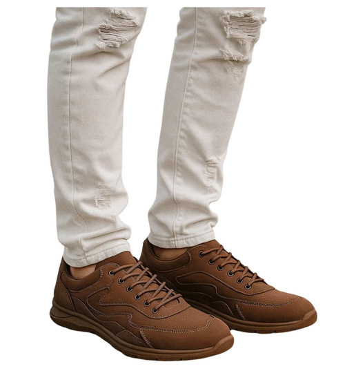 Sznurowane męskie buty sportowe sneakersy Brązowe /B5-1 17246 T483/